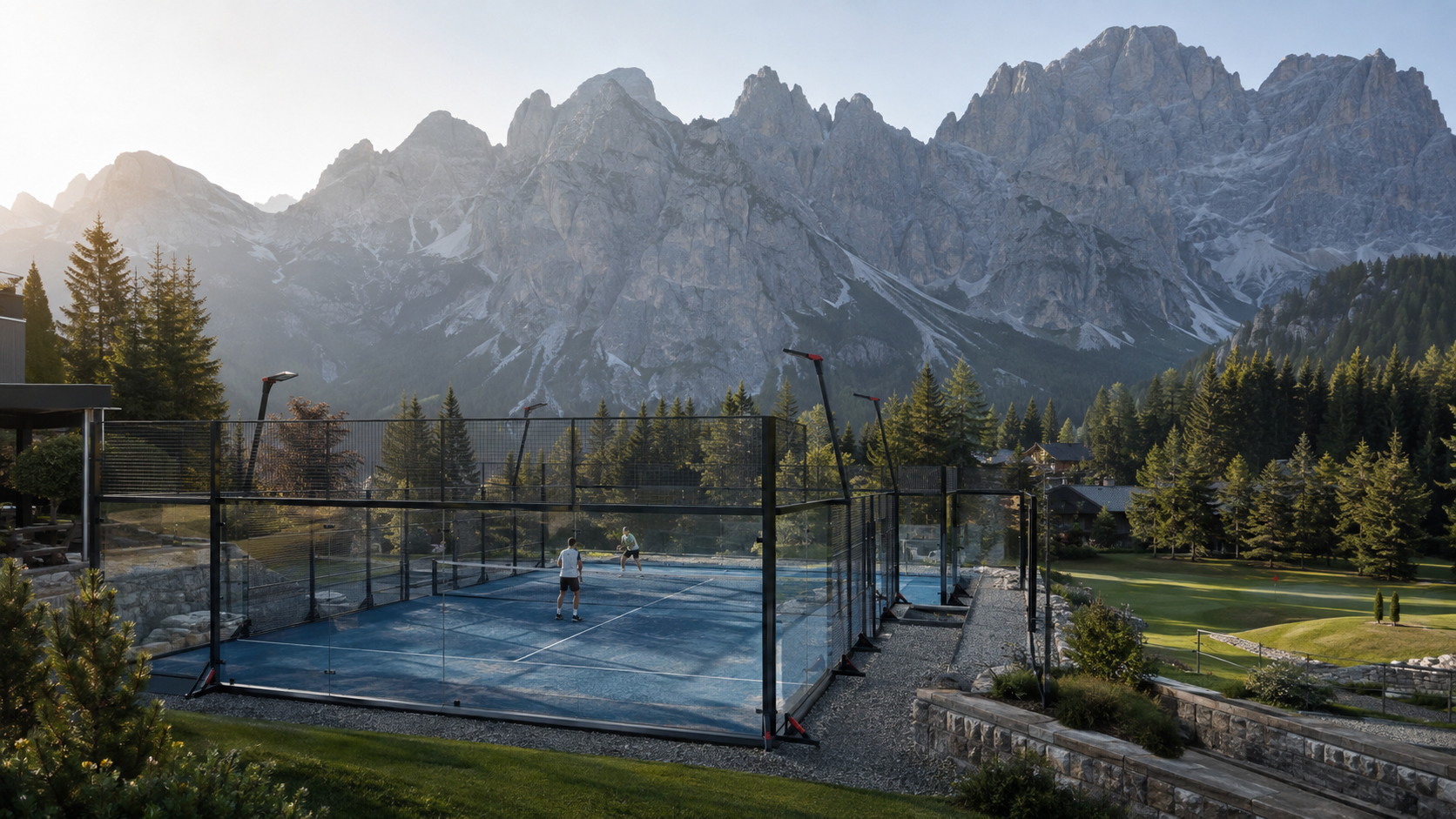Illustration éditoriale d’une piste panoramique de padel face aux Dolomites à Cortina d’Ampezzo